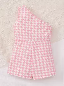 SHEIN Young Girl Houndstooth Print One Shoulder Asymmetrical Hem Romper