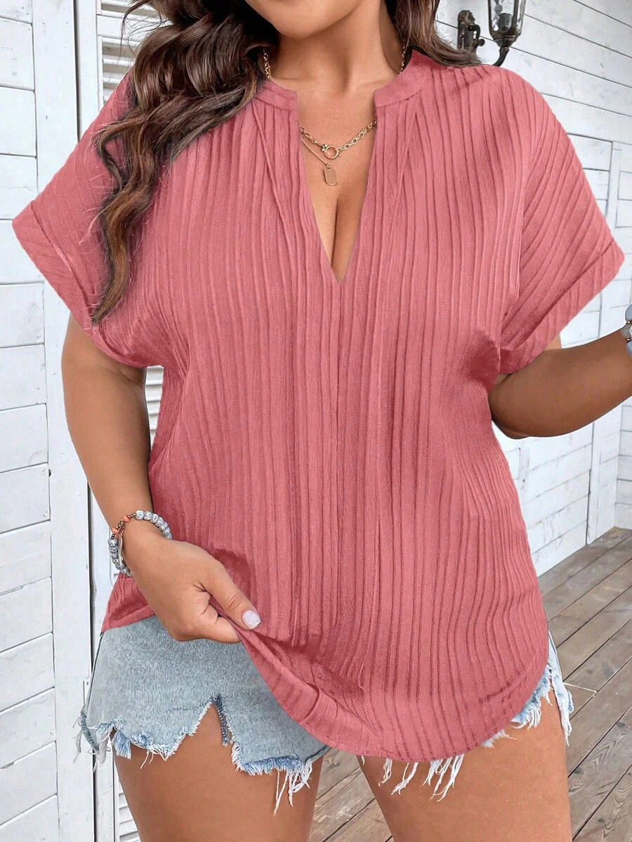 Calvaya Plus Notched Neck Batwing Sleeve Popover Blouse - Pink - View 1