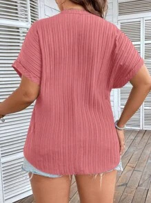 Calvaya Plus Notched Neck Batwing Sleeve Popover Blouse - Pink - View 2