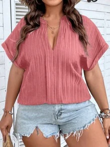 Calvaya Plus Notched Neck Batwing Sleeve Popover Blouse - Pink - View 3