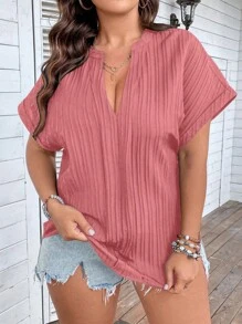Calvaya Plus Notched Neck Batwing Sleeve Popover Blouse - Pink - View 4