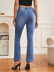 SHEIN Frenchy Quần jean nữ Nút Túi Dây kéo màu trơn - Rửa trung bình - Xem 3