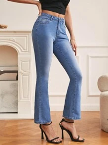 SHEIN Frenchy Quần jean nữ Nút Túi Dây kéo màu trơn - Rửa trung bình - Xem 4
