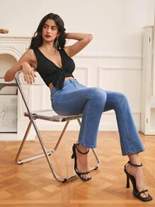 SHEIN Frenchy Quần jean nữ Nút Túi Dây kéo màu trơn - Rửa trung bình - Xem 1