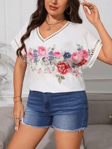 SHEIN LUNE Plus Floral Print Contrast Trim Batwing Sleeve Blouse