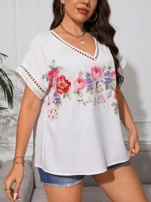 SHEIN LUNE Plus Floral Print Contrast Trim Batwing Sleeve Blouse