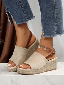 女士單帶搭扣裝飾坡跟涼鞋,度假戶外仿麂皮露跟涼鞋