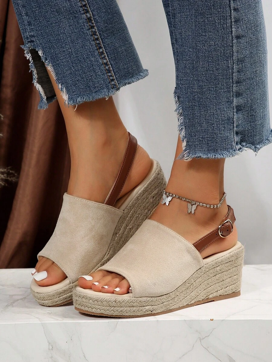 女士單帶搭扣裝飾坡跟涼鞋,度假戶外仿麂皮露跟涼鞋