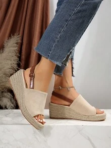 女士單帶搭扣裝飾坡跟涼鞋,度假戶外仿麂皮露跟涼鞋