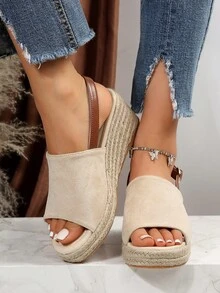 女士單帶搭扣裝飾坡跟涼鞋,度假戶外仿麂皮露跟涼鞋