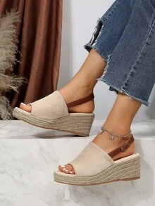 女士單帶搭扣裝飾坡跟涼鞋,度假戶外仿麂皮露跟涼鞋