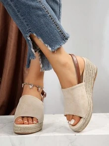 女士單帶搭扣裝飾坡跟涼鞋,度假戶外仿麂皮露跟涼鞋