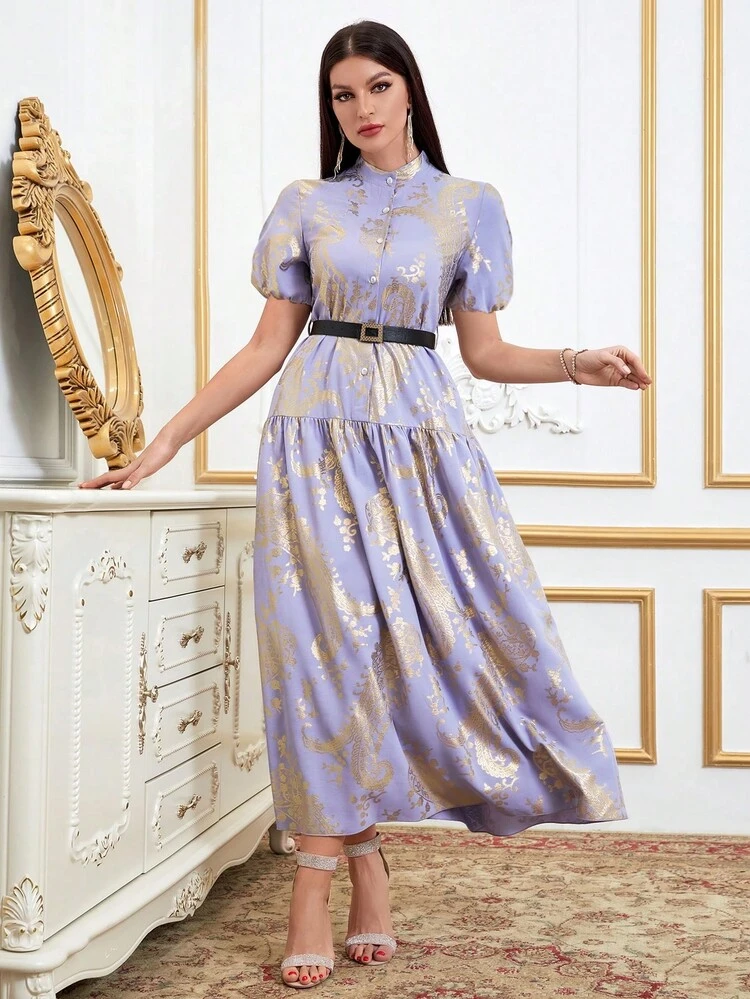 Retro Print Puff Sleeve Belted Dress Long Evening Dresses