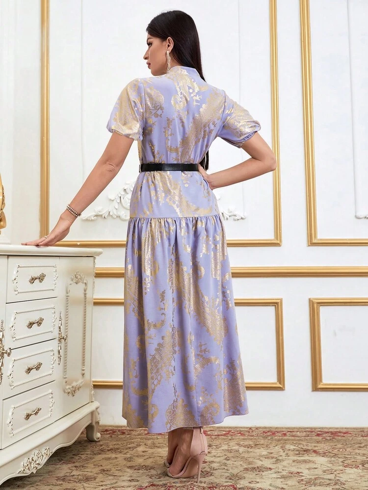 Retro Print Puff Sleeve Belted Dress Long Evening Dresses