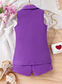 SHEIN 女孩素色吊帶背心和短褲和外套馬甲 - 紫羅蘭色 - 查看 2