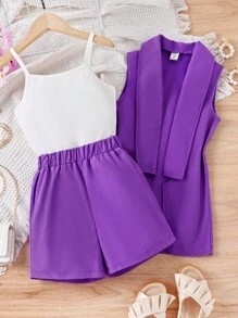 SHEIN 女孩素色吊帶背心和短褲和外套馬甲 - 紫羅蘭色 - 查看 4