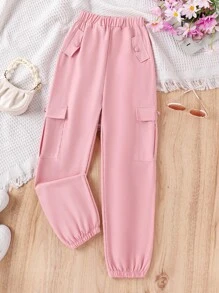 SHEIN Cô gái Tween Túi nắp bên cạnh Quần Cargo - Hồng - Xem 1