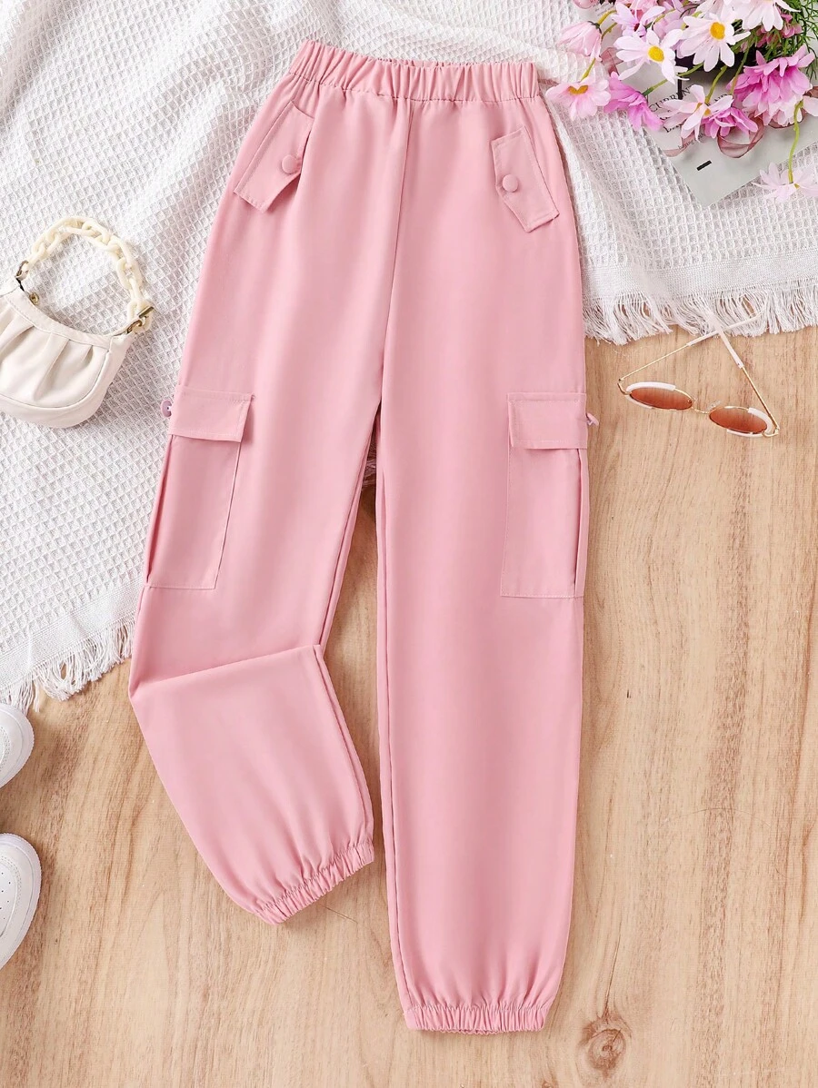 SHEIN Cô gái Tween Túi nắp bên cạnh Quần Cargo - Hồng - Xem 1