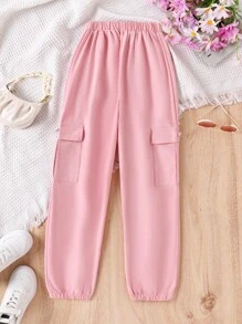 SHEIN Cô gái Tween Túi nắp bên cạnh Quần Cargo - Hồng - Xem 2