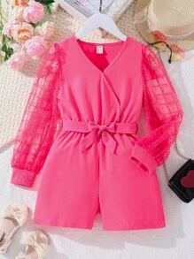 SHEIN Girls Plaid Mesh Insert Lantern Sleeve Romper - Hot Pink - View 1