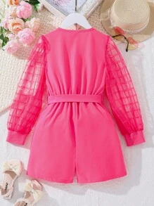 SHEIN Girls Plaid Mesh Insert Lantern Sleeve Romper - Hot Pink - View 5
