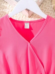 SHEIN Girls Plaid Mesh Insert Lantern Sleeve Romper - Hot Pink - View 9