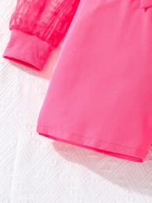 SHEIN Girls Plaid Mesh Insert Lantern Sleeve Romper - Hot Pink - View 10