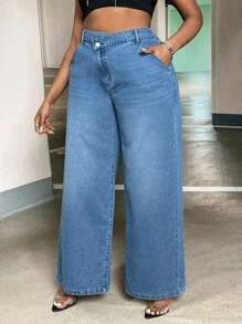 SHEIN Lady Plus High Waist Wide Leg Jeans - Medium Wash - View 3