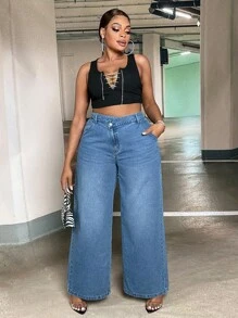 SHEIN Lady Plus High Waist Wide Leg Jeans - Medium Wash - View 4