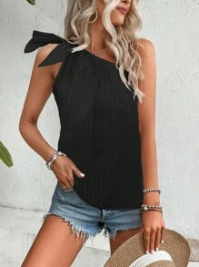 EMERY ROSE Solid One Shoulder Knot Detail Blouse - Black - View 6