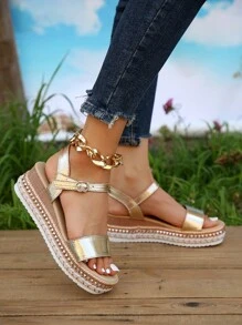 女士金屬質感搭扣裝飾涼鞋,度假夏天踝帶坡跟涼鞋 - 金色 - 查看 2