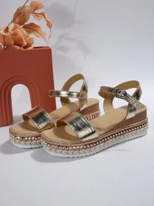 女士金屬質感搭扣裝飾涼鞋,度假夏天踝帶坡跟涼鞋 - 金色 - 查看 3
