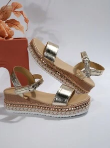 女士金屬質感搭扣裝飾涼鞋,度假夏天踝帶坡跟涼鞋 - 金色 - 查看 7