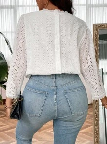 SHEIN Clasi Áo sơ mi Plus Size Tranh thêu màu trơn Giải trí - trắng - Xem 2
