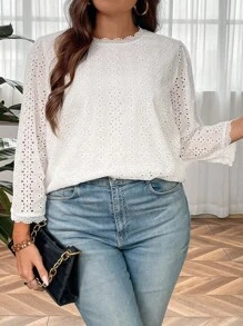 SHEIN Clasi Áo sơ mi Plus Size Tranh thêu màu trơn Giải trí - trắng - Xem 3