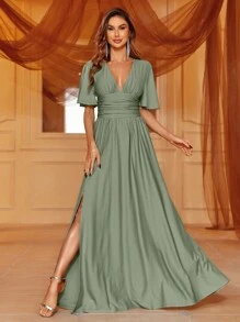 Sophisticated V-Neck Maxi Dress With Flutter Sleeves, Cinched Waist & Thigh Slit – Summer Formal Wear For Galas, Upscale Dinners, Evening Events,Bridesmaid Dress