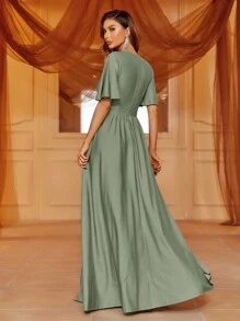 Sophisticated V-Neck Maxi Dress With Flutter Sleeves, Cinched Waist & Thigh Slit – Summer Formal Wear For Galas, Upscale Dinners, Evening Events,Bridesmaid Dress
