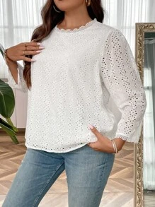 SHEIN Clasi Áo sơ mi Plus Size Tranh thêu màu trơn Giải trí - trắng - Xem 5