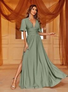 Sophisticated V-Neck Maxi Dress With Flutter Sleeves, Cinched Waist & Thigh Slit – Summer Formal Wear For Galas, Upscale Dinners, Evening Events,Bridesmaid Dress