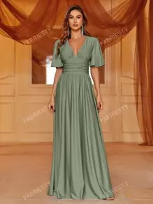 Sophisticated V-Neck Maxi Dress With Flutter Sleeves, Cinched Waist & Thigh Slit – Summer Formal Wear For Galas, Upscale Dinners, Evening Events,Bridesmaid Dress