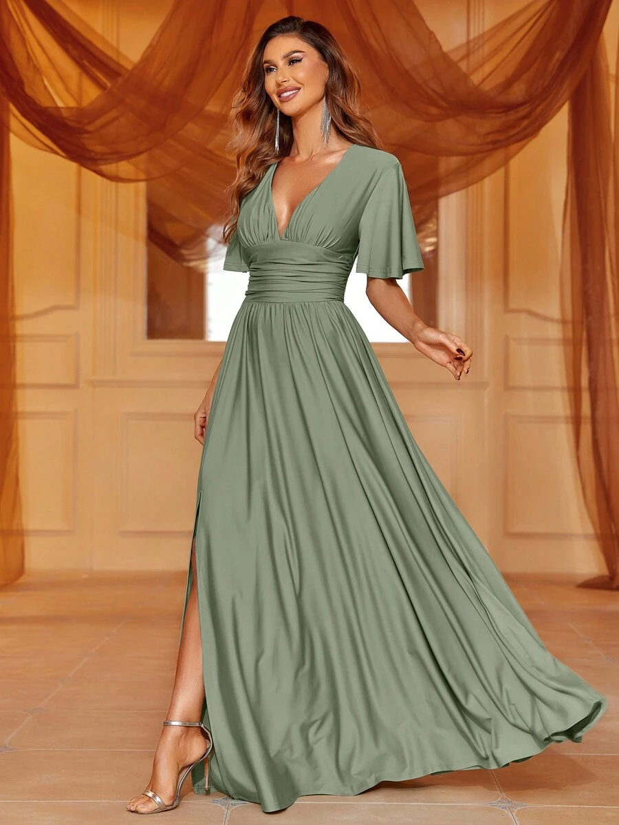 Sophisticated V-Neck Maxi Dress With Flutter Sleeves, Cinched Waist & Thigh Slit – Summer Formal Wear For Galas, Upscale Dinners, Evening Events,Bridesmaid Dress