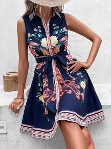 Breezaya Floral Print Belted Shirt Dress Vacation Beach Outfits Women - Navy Blue - View 1