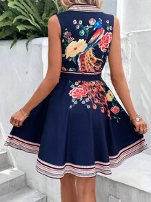 Breezaya Floral Print Belted Shirt Dress Vacation Beach Outfits Women - Navy Blue - View 2