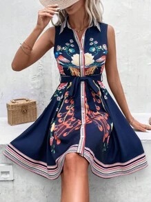 Breezaya Floral Print Belted Shirt Dress Vacation Beach Outfits Women - Navy Blue - View 3