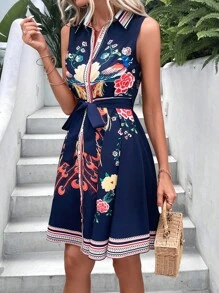 Breezaya Floral Print Belted Shirt Dress Vacation Beach Outfits Women - Navy Blue - View 4