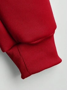 SHEIN EZwear Hoodie Chất rắn Dây kéo Dây rút Thả vai Lót nhiệt - Đỏ - Xem 3