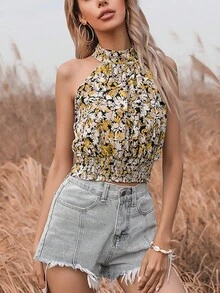 Blusa con estampado floral de espalda con abertura de ojo - Multicolor - Ver 3