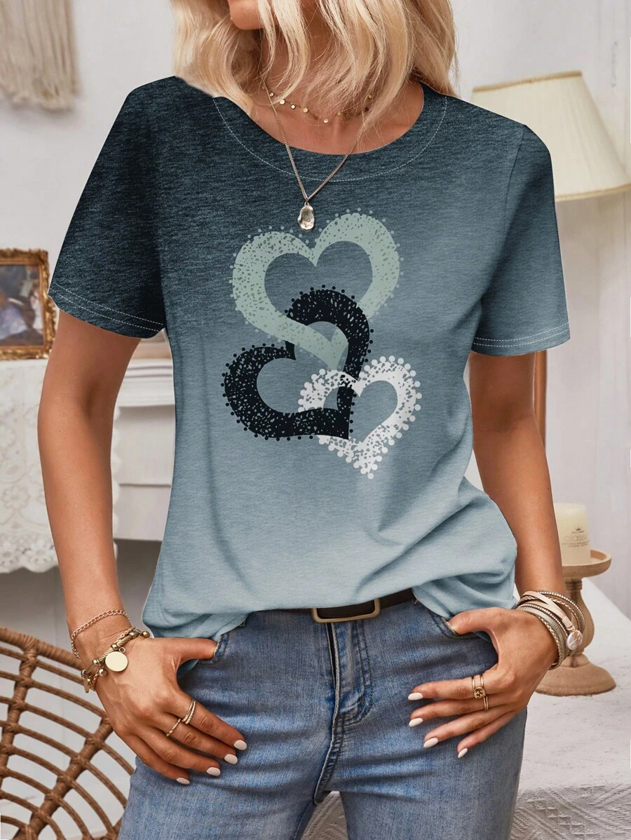 SHEIN LUNE Heart Print Tee - Multicolor - View 1