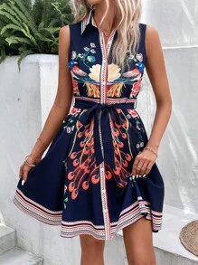Breezaya Floral Print Belted Shirt Dress Vacation Beach Outfits Women - Navy Blue - View 6