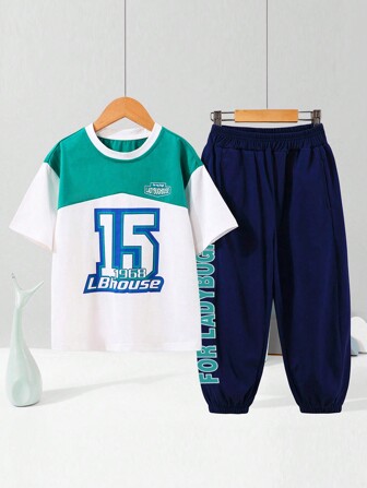 Boys Letter Graphic Colorblock Tee & Sweatpants Set